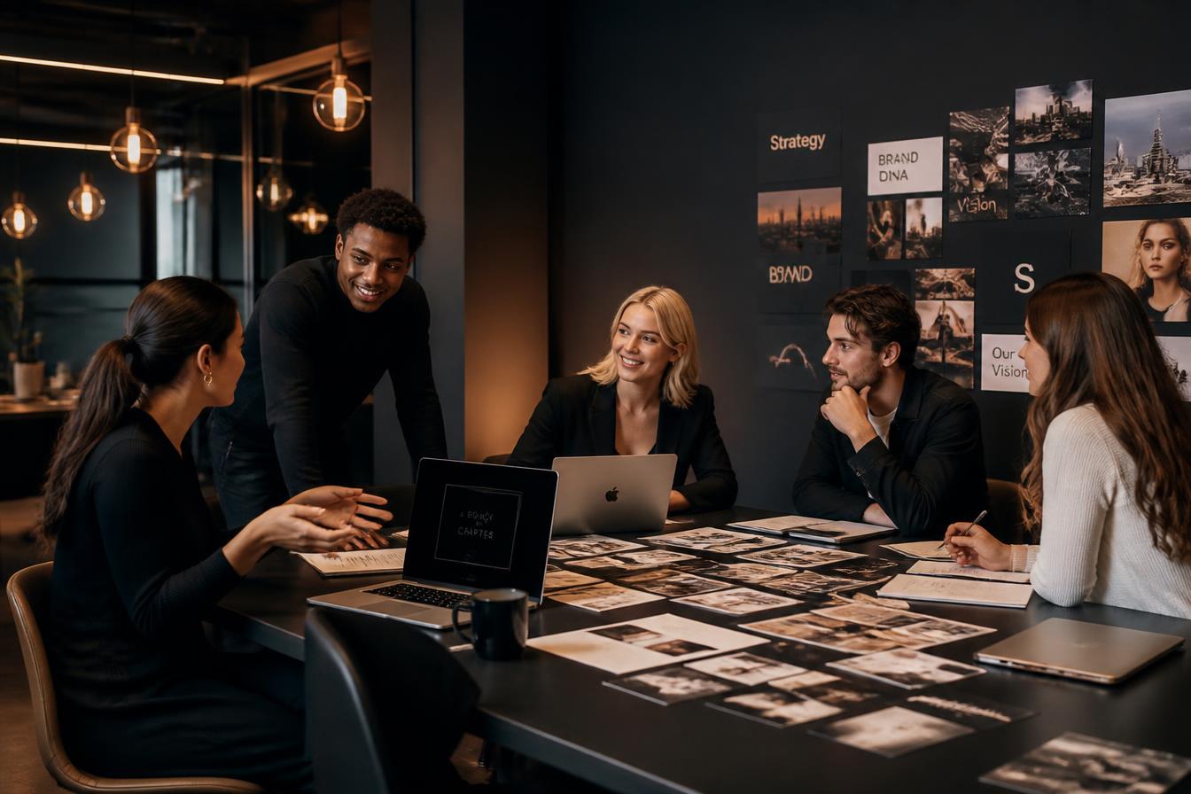 Active Outreach team collaborating on brand strategy in a modern office